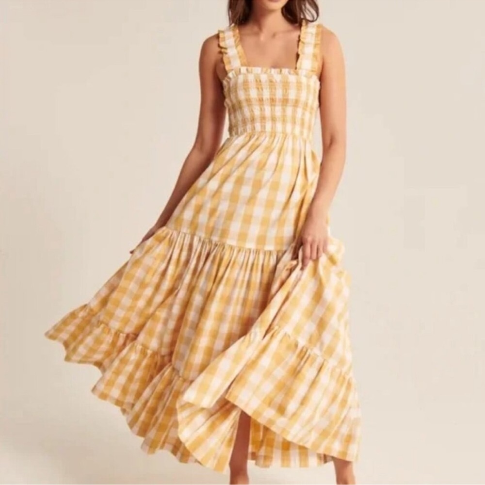 Abercrombie & Fitch yellow plaid smocked tiered maxi dress size med